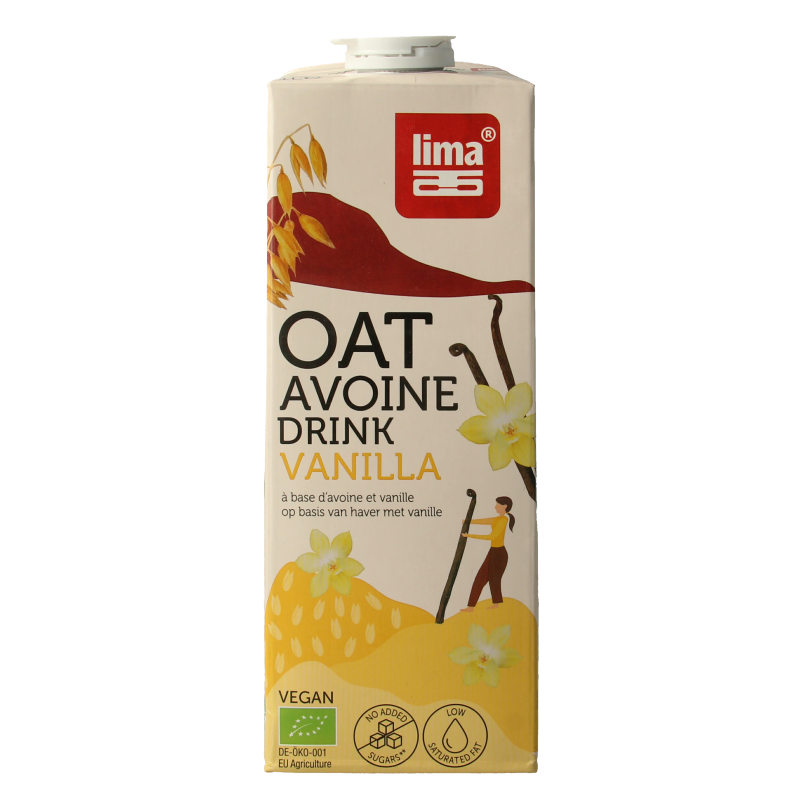 Lima vanilla bio oat drink in a 1-liter carton, showing the plant-based beverage with vanilla flavor and eco-friendly packaging.