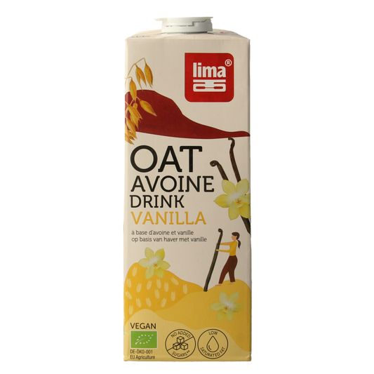 Lima vanilla bio oat drink in a 1-liter carton, showing the plant-based beverage with vanilla flavor and eco-friendly packaging.