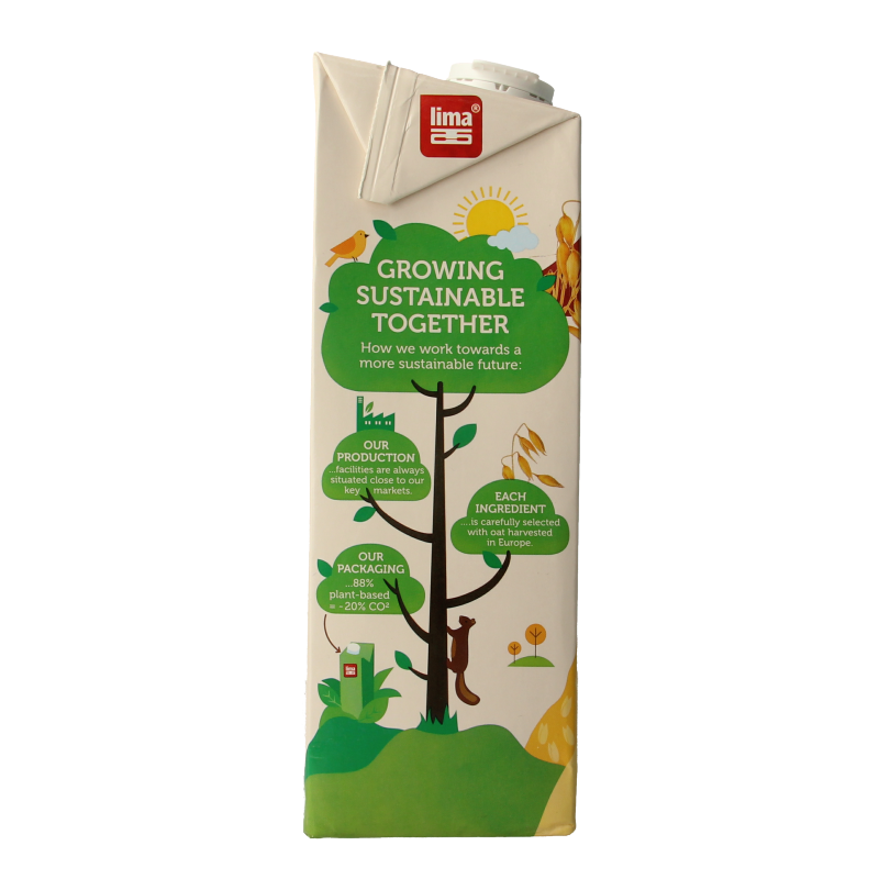 Lima vanilla oat drink in a 1-liter carton, showing the bio label and packaging design with a vanilla flavor theme.