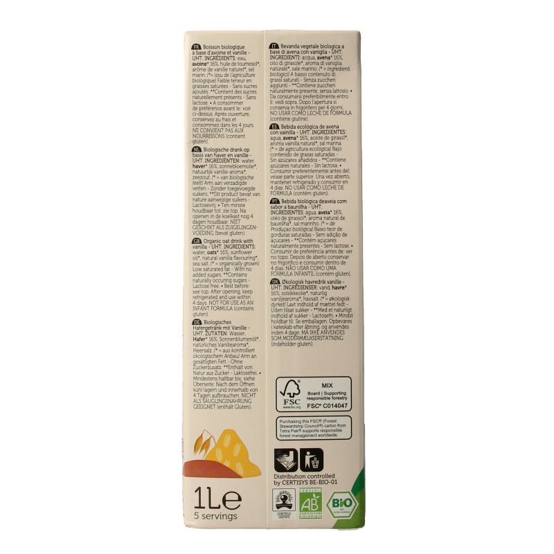 Lima bio vanilla oat drink in a 1-liter carton, creamy plant-based beverage with vanilla flavor, suitable for dairy-free diets.