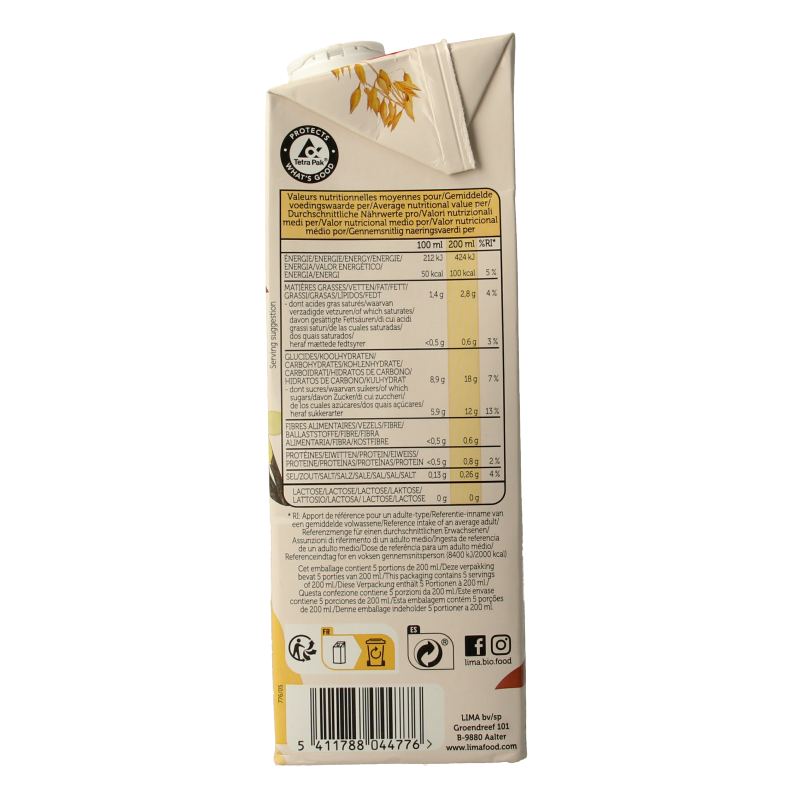 Lima vanilla organic oat drink in a 1-liter carton, featuring a vanilla flavor label and packaging.