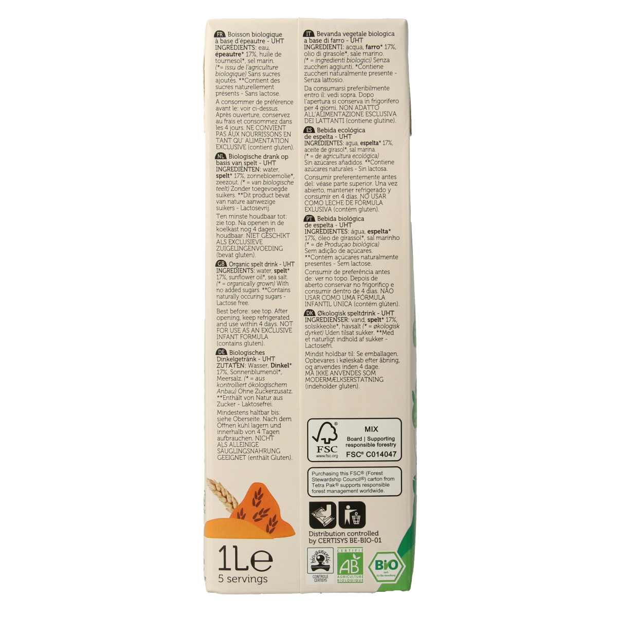 Lima bio spelt drink in a 1-liter bottle, natural and organic, in a clear container with the label visible.