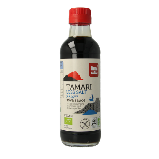 Lima Tamari sauce with 25% less salt in a 250ml bottle, organic soy sauce, ideal for cooking and flavoring dishes.