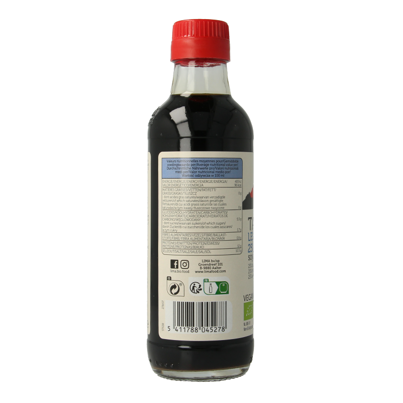 Lima Tamari soy sauce with 25% less salt in a 250ml bottle, organic, used as a flavor enhancer and cooking ingredient.