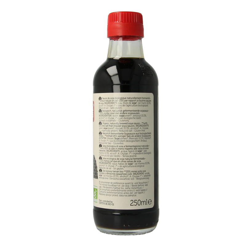 Bottle of Lima Tamari sauce with 25% less salt, organic, 250ml, in a clear glass container with a label showing the product name.