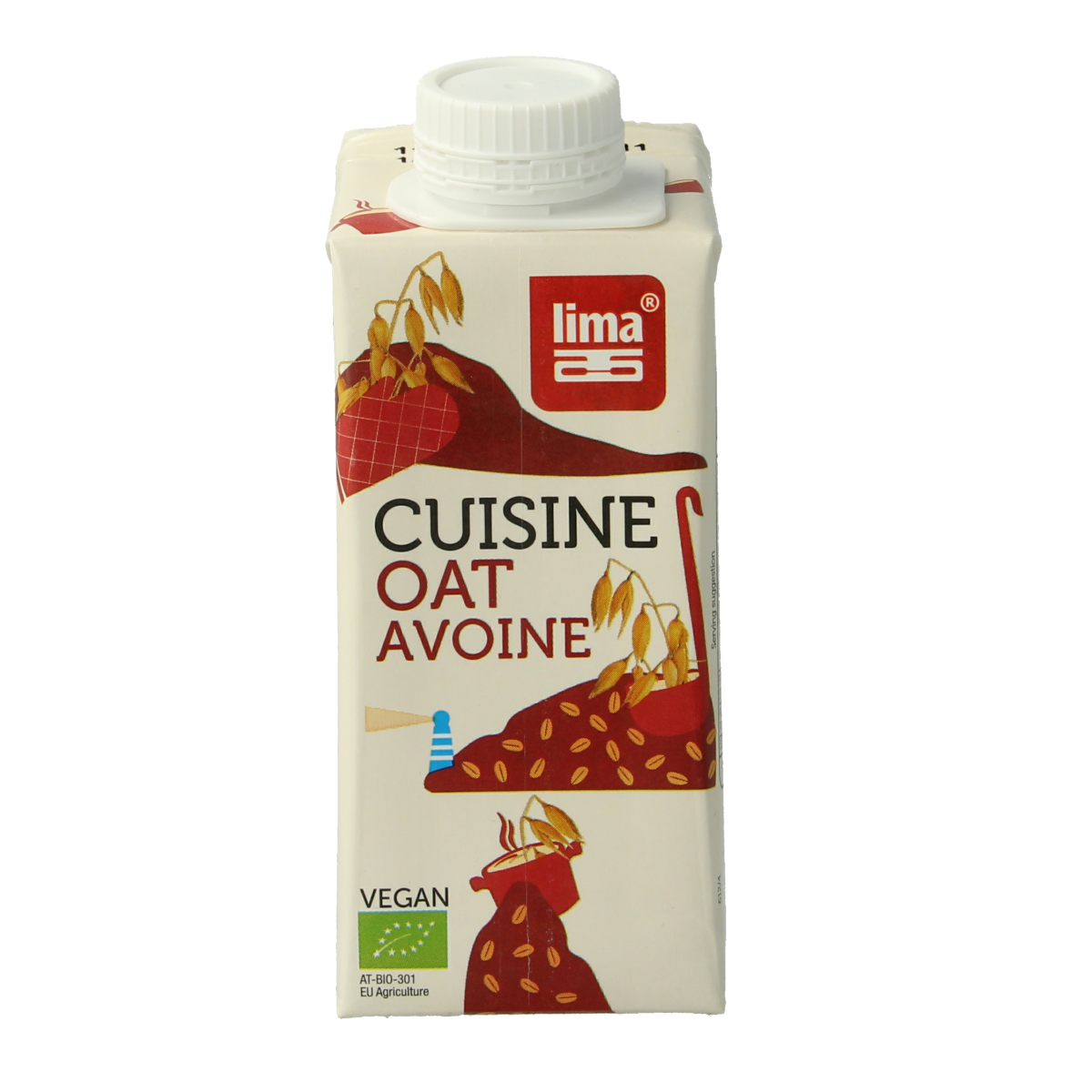 Lima Oat Cuisine Bio sauce in a 200ml bottle, natural oat flavor, in a clear container showing the sauce's texture.