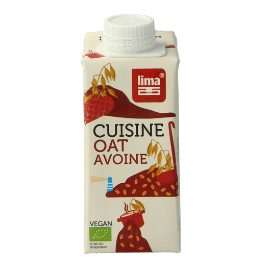 Lima Oat Cuisine Bio sauce in a 200ml bottle, natural oat flavor, in a clear container showing the sauce's texture.