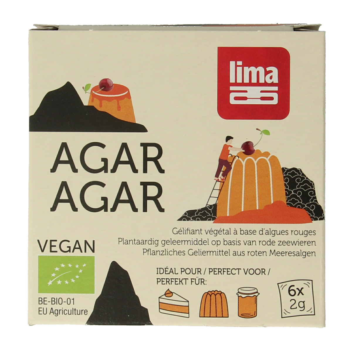 Lima organic agar agar powder in 12g package, used as a natural thickener and gelling agent in sauces and flavorings.