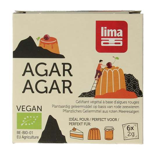 Lima organic agar agar powder in 12g package, used as a natural thickener and gelling agent in sauces and flavorings.