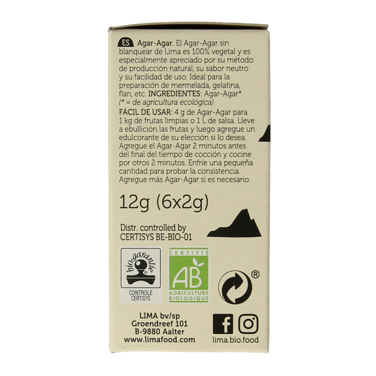 Lima Bio Agar Agar Powder 12g, natural gelatin substitute, in a clear package, used as a thickening agent in sauces and flavorings.