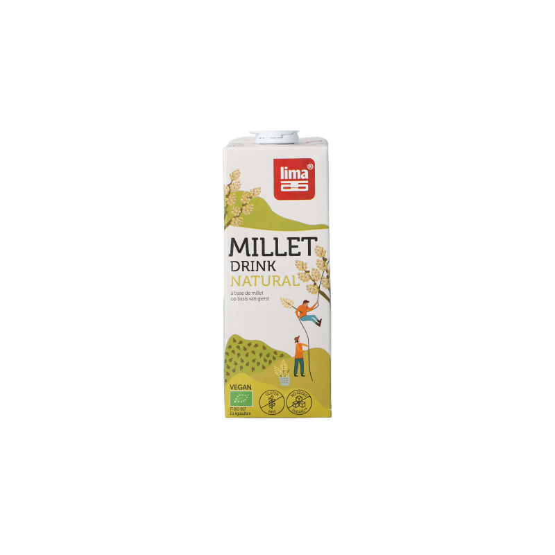 Lima organic millet gierst drink in a 1-liter bottle, natural beverage from the "Dranken en Sappen" category, with a clear label.
