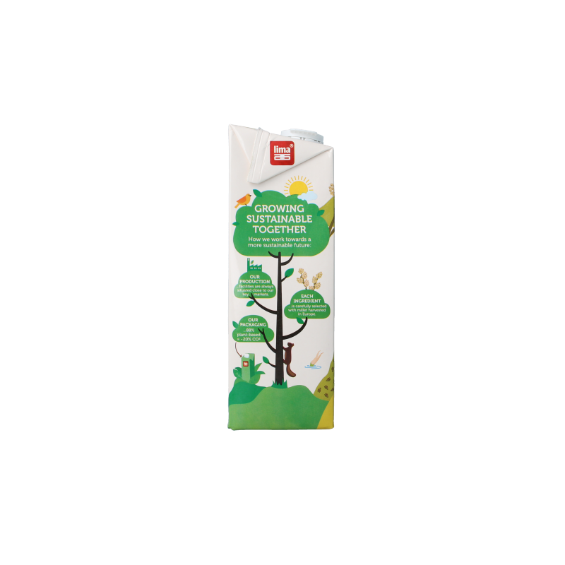 Lima bio millet gierst drink in a 1-liter bottle, natural beverage from the Dranken en Sappen category, with a colorful label.