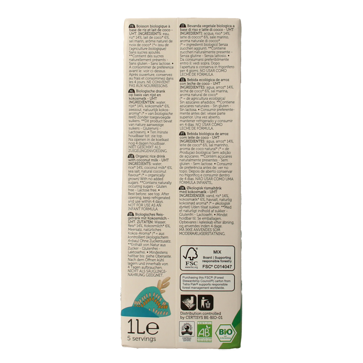 Lima organic rice drink with coconut flavor in a 1-liter bottle, labeled as a natural beverage in the Dranken en Sappen category.