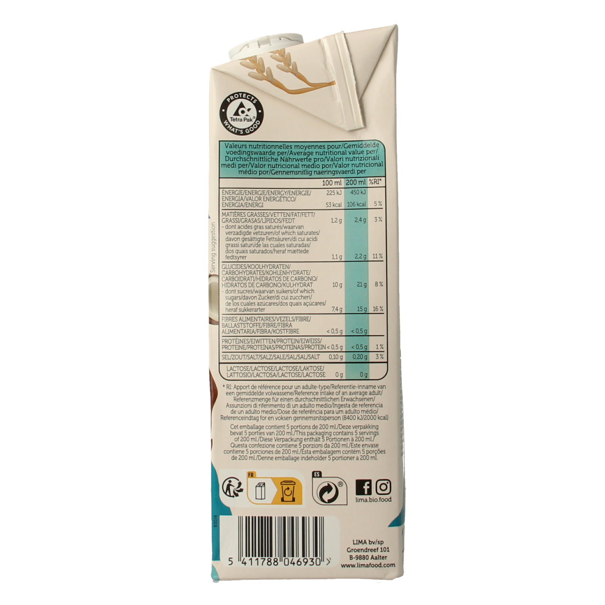 Lima organic coconut rice drink in a 1-liter bottle, with a white and blue label, part of the Dranken en Sappen category.