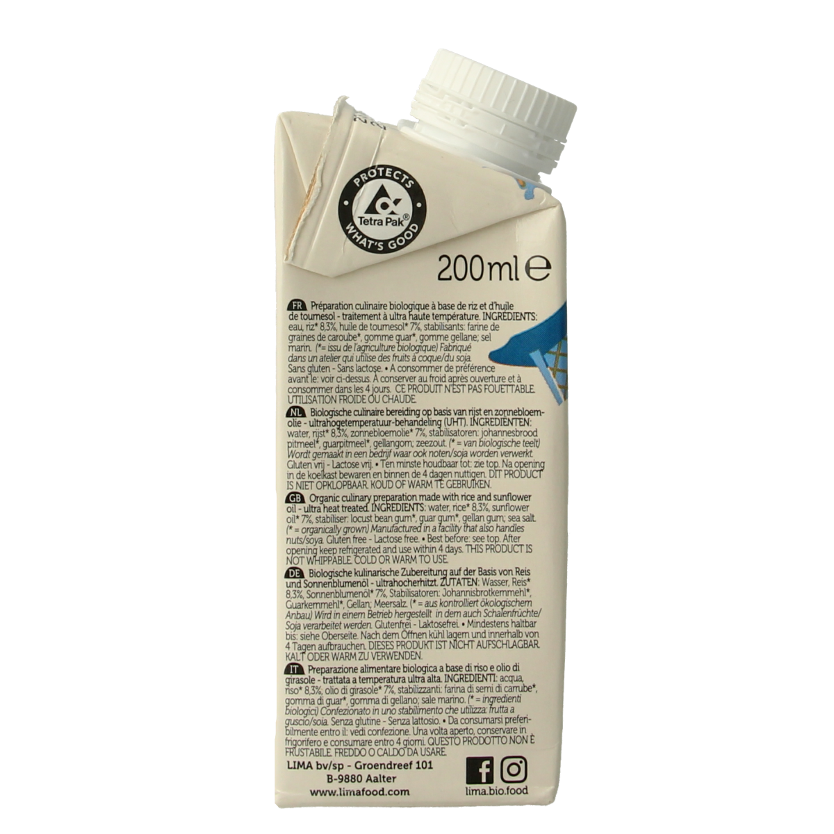 Lima Rice Cuisine Bio sauce in 200ml bottle, natural rice flavor, gluten-free, in clear plastic packaging with label showing rice grains.