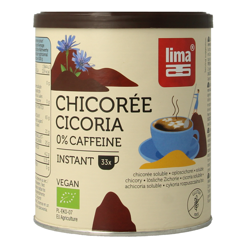 Lima Cichorei instant bio drink in 100g jar, natural coffee substitute with dried chicory root, in a clear glass jar with label.