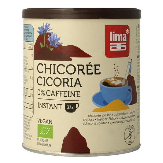 Lima Cichorei instant bio drink in 100g jar, natural coffee substitute with dried chicory root, in a clear glass jar with label.