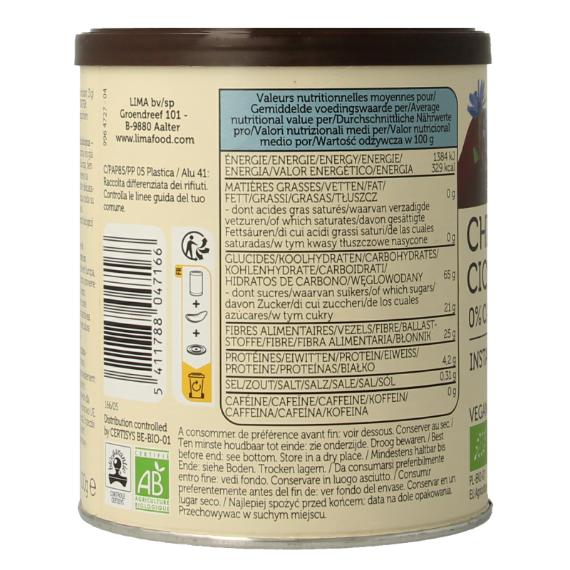 Lima Cichorei instant original bio 100g container, with label showing product details, for brewing caffeine-free coffee substitute.