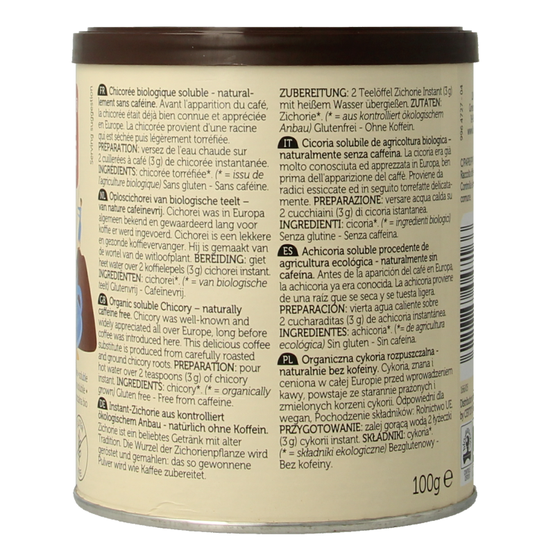 Lima Cichorei instant bio dranken en sappen product image, 100 grams package with organic cichorei powder for beverages.