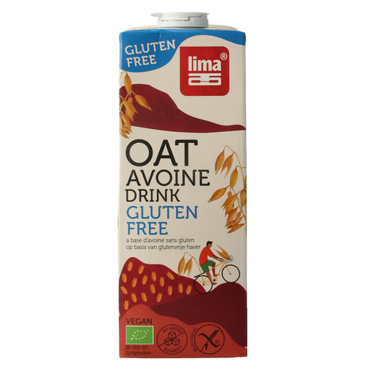 Lima organic gluten-free oat drink in a 1-liter carton, showing the product packaging with oat imagery and branding.