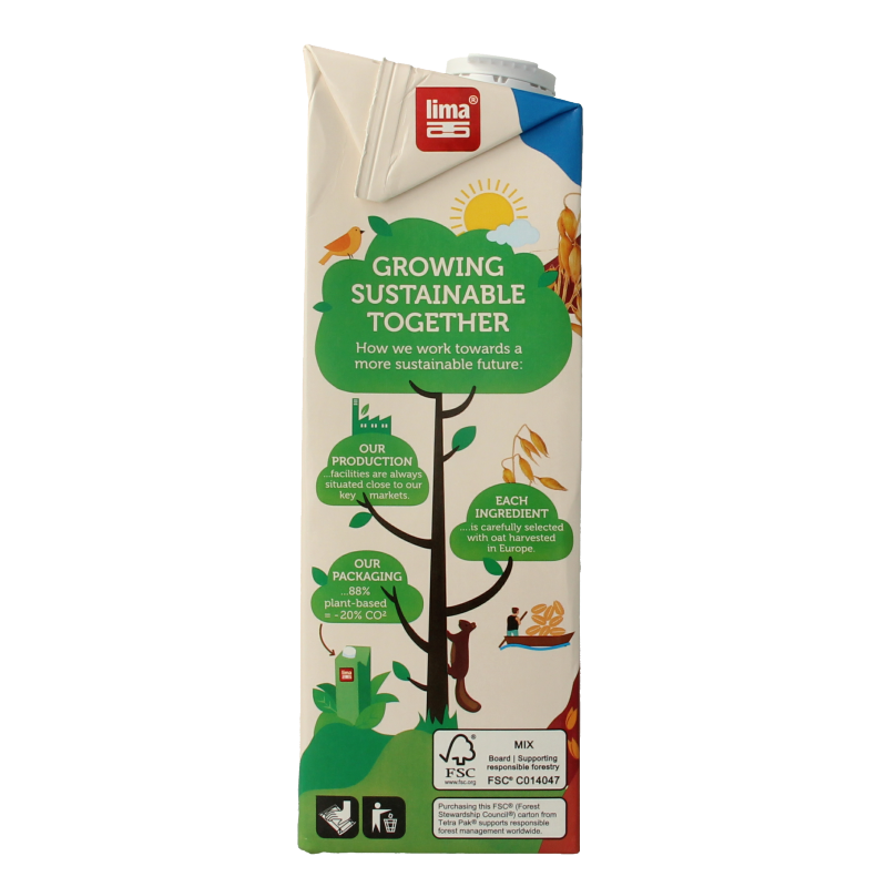 Lima organic oat drink in a 1-liter bottle, gluten-free vegan beverage, creamy texture, and natural appearance.