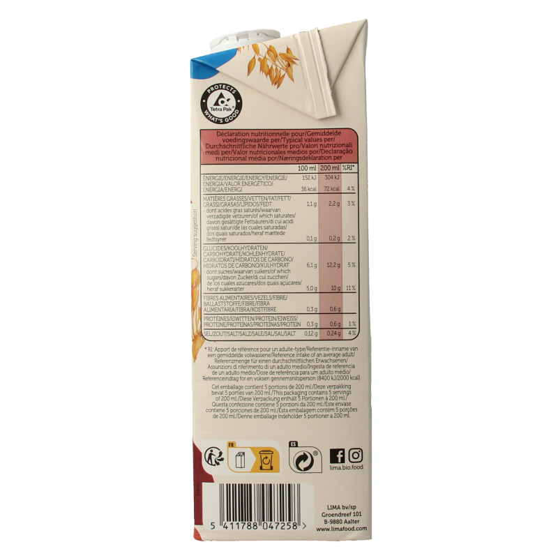 Lima organic gluten-free oat drink in a 1-liter carton, featuring a smooth, creamy texture and natural oat flavor.
