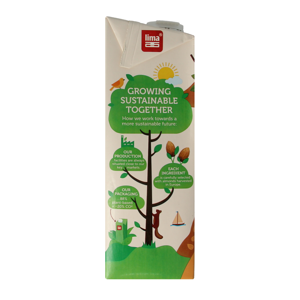 Lima suikervrije biologische amandeldrink in 1 liter fles, creamy almond beverage in a clear bottle with label