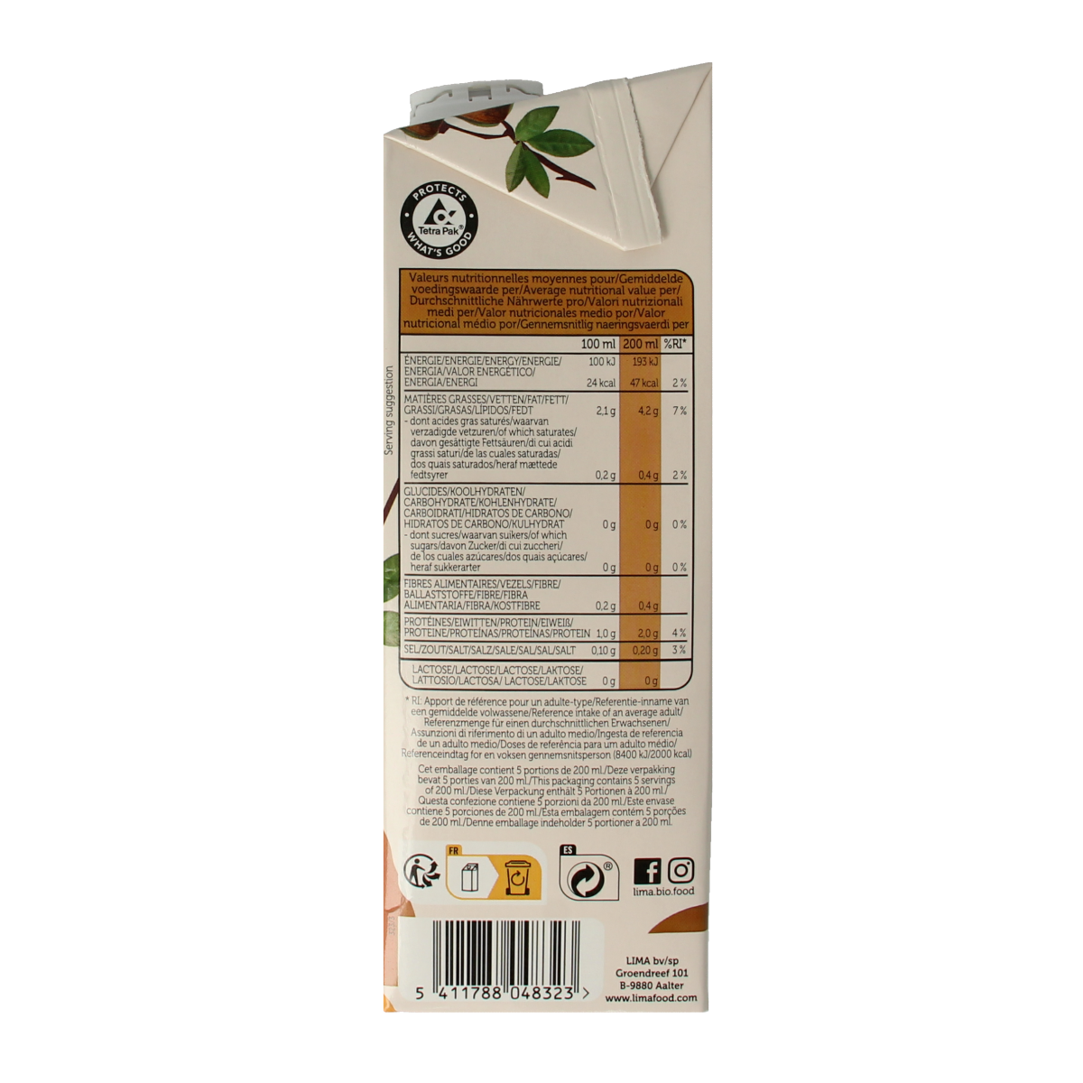 Lima suikervrije biologische amandel drink in 1 liter bottle, natural almond beverage for drinks and smoothies.