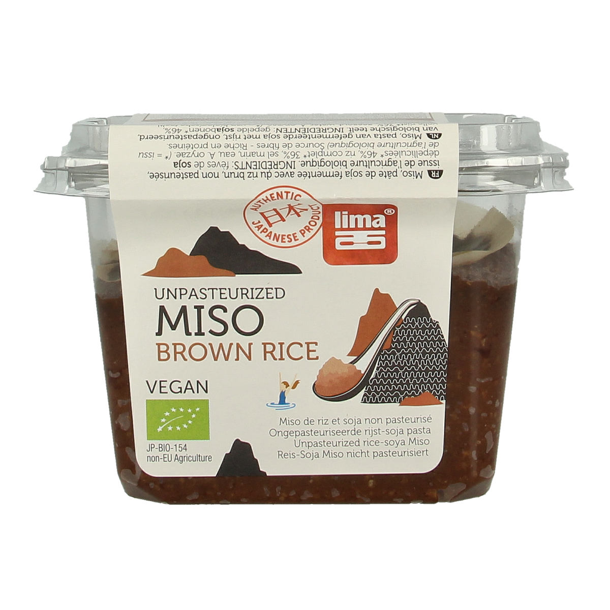 Lima brown rice miso sauce in a 300g jar, organic and ungepasteurized, used as a flavor enhancer in cooking.