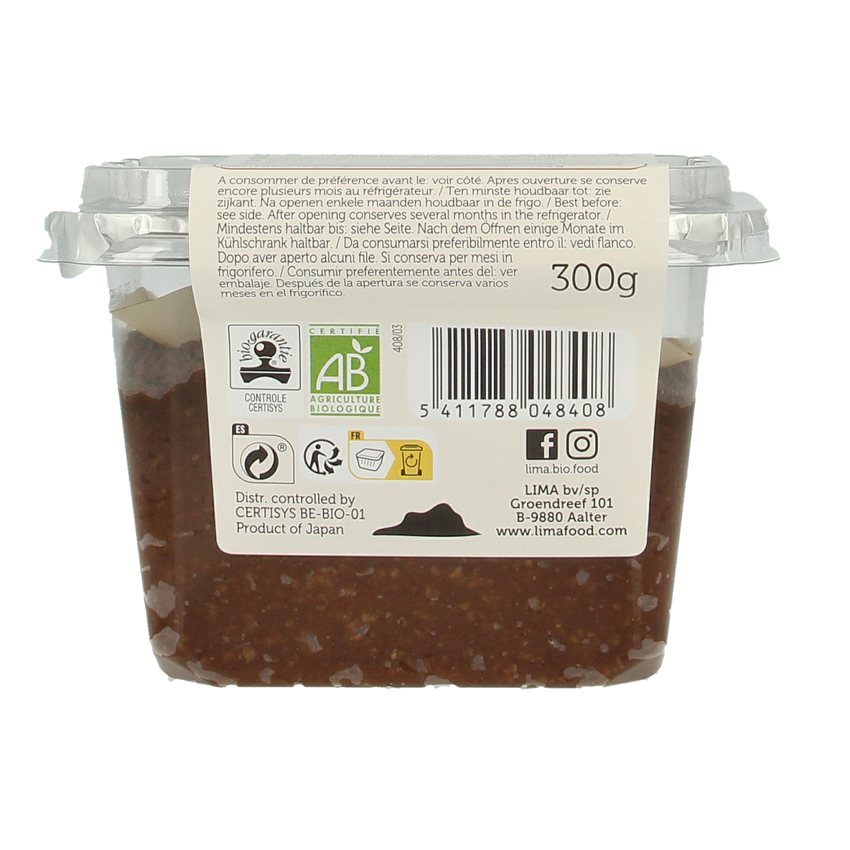 Lima brown rice miso sauce in 300g jar, organic and unpasteurized, used as a flavor enhancer and seasoning.
