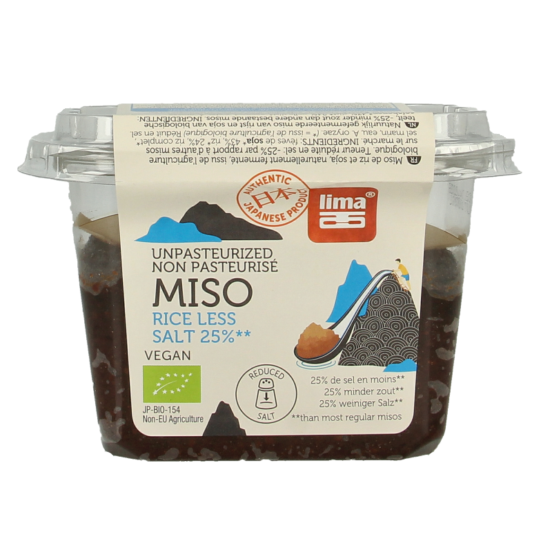 Lima Brown rice ongepasteuriseerd sauzen en smaakmakers, 25% minder zout, biologische, 300g container with rice grains and label