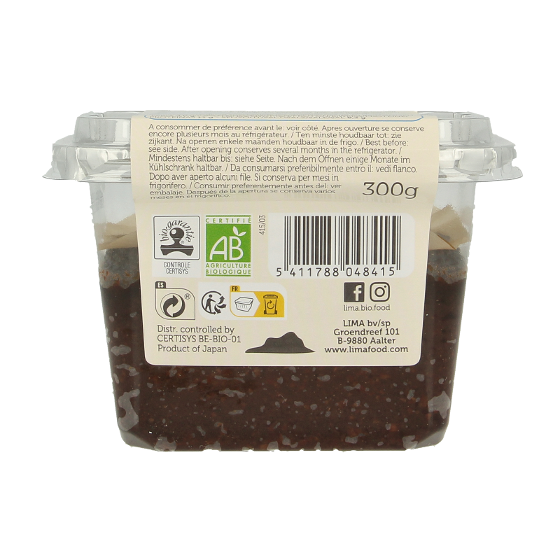 Lima organic brown rice sauce with 25% less salt, unpasteurized, 300g, in a clear container with a brown rice label.