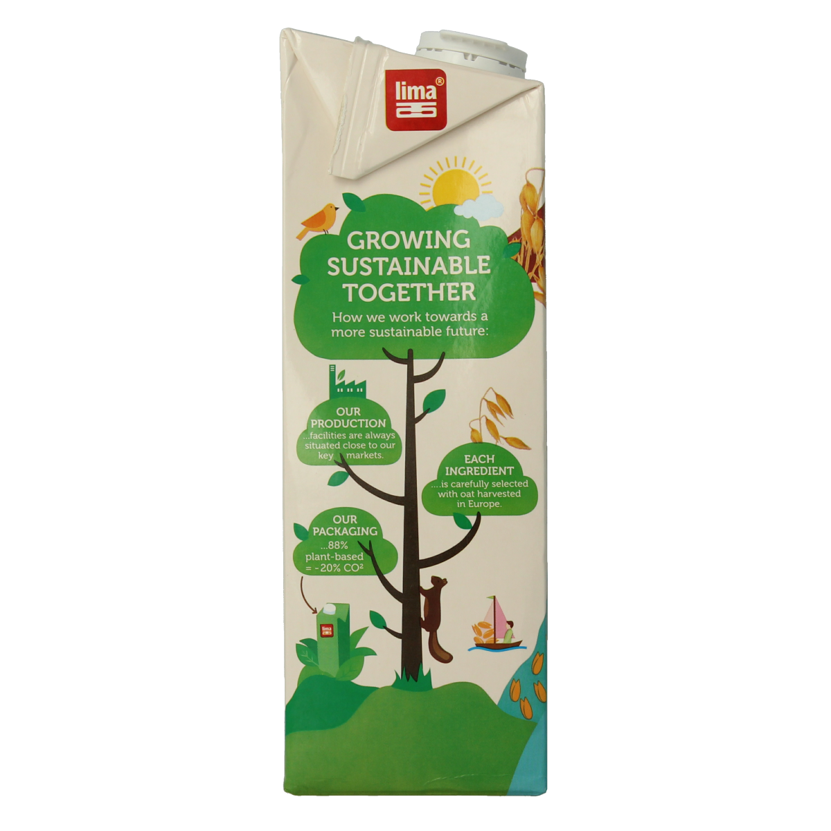 Lima organic oat drink with coconut flavor in a 1-liter carton, showcasing the beverage and packaging on a white background.