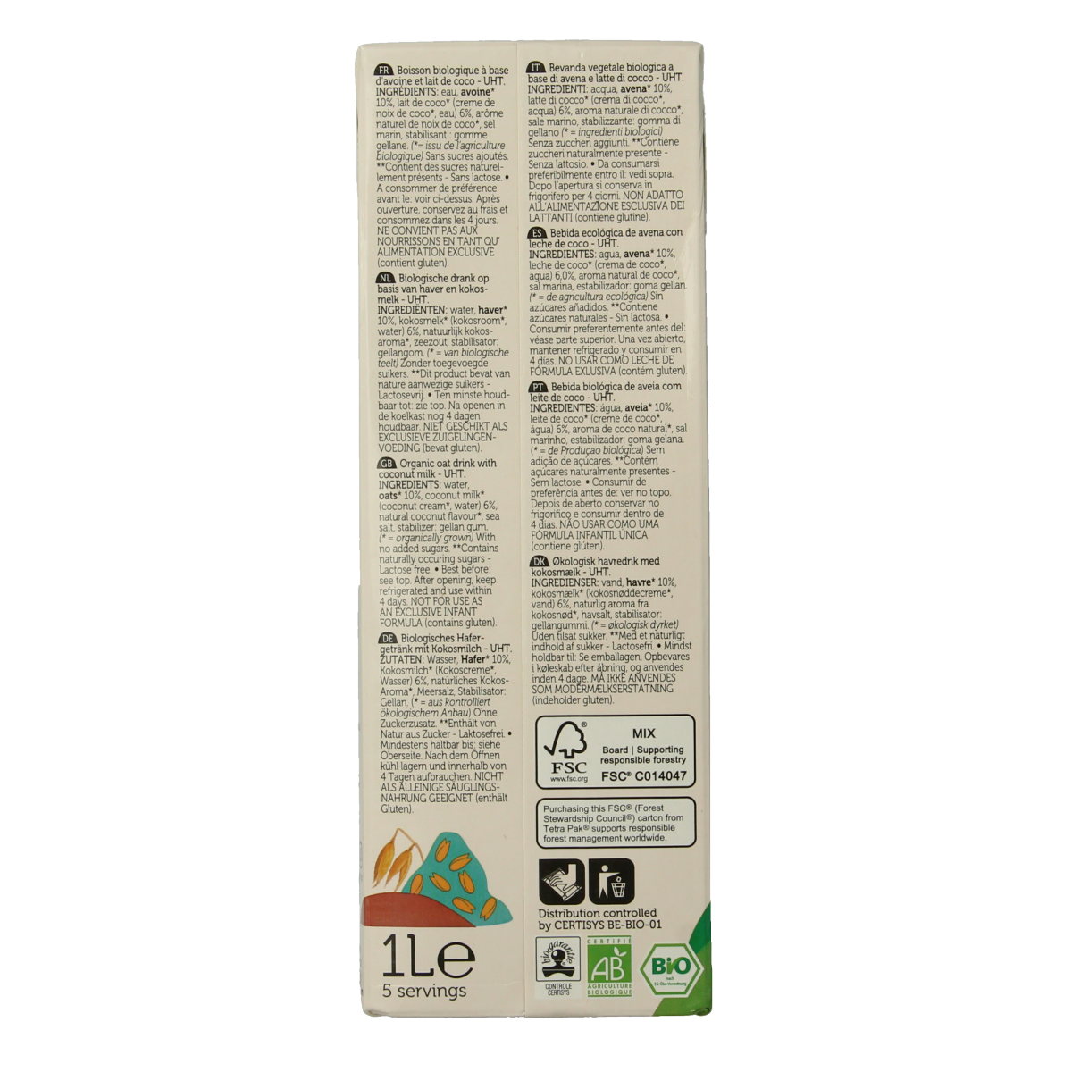 Lima organic oat drink with coconut flavor in a 1-liter bottle, shown in a clear image.