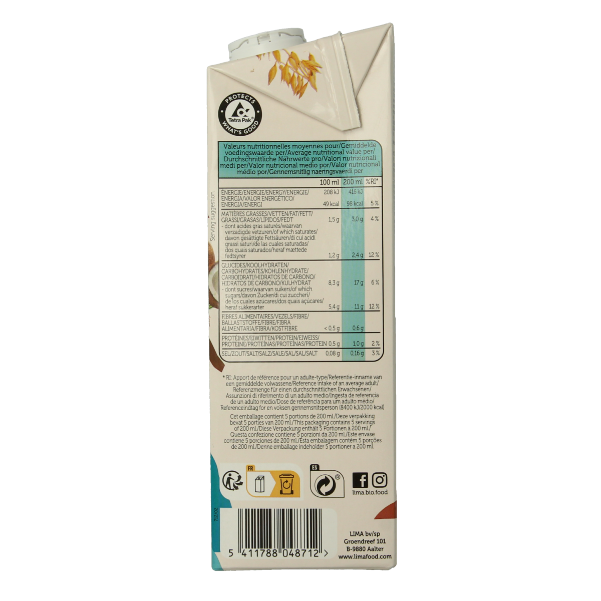 Lima organic oat drink with coconut in a 1-liter carton, creamy and smooth beverage for breakfast or snacks.