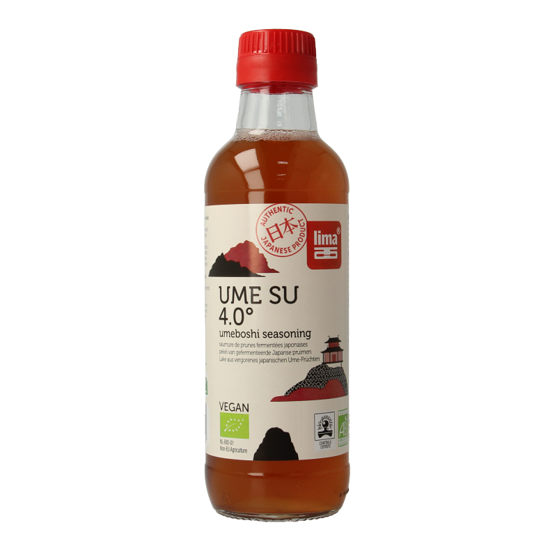 Lima Ume plum vinegar in a 250ml bottle, organic sauce and flavor enhancer, with a clear label and dark liquid inside.