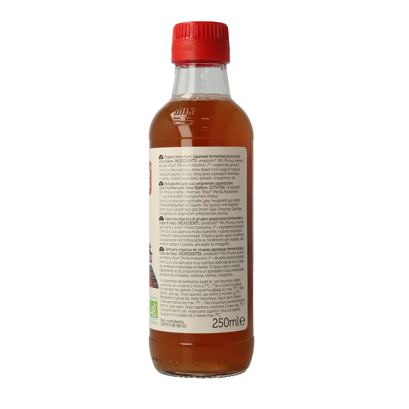 Lima Ume plum vinegar in a 250ml bottle, organic sauce and flavoring, with a clear label and cap, on a white background.