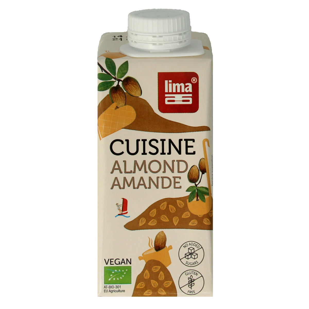 Lima Almond Cuisine Bio sauce in a 200ml bottle, natural almond flavor, used as a flavor enhancer or cooking ingredient.