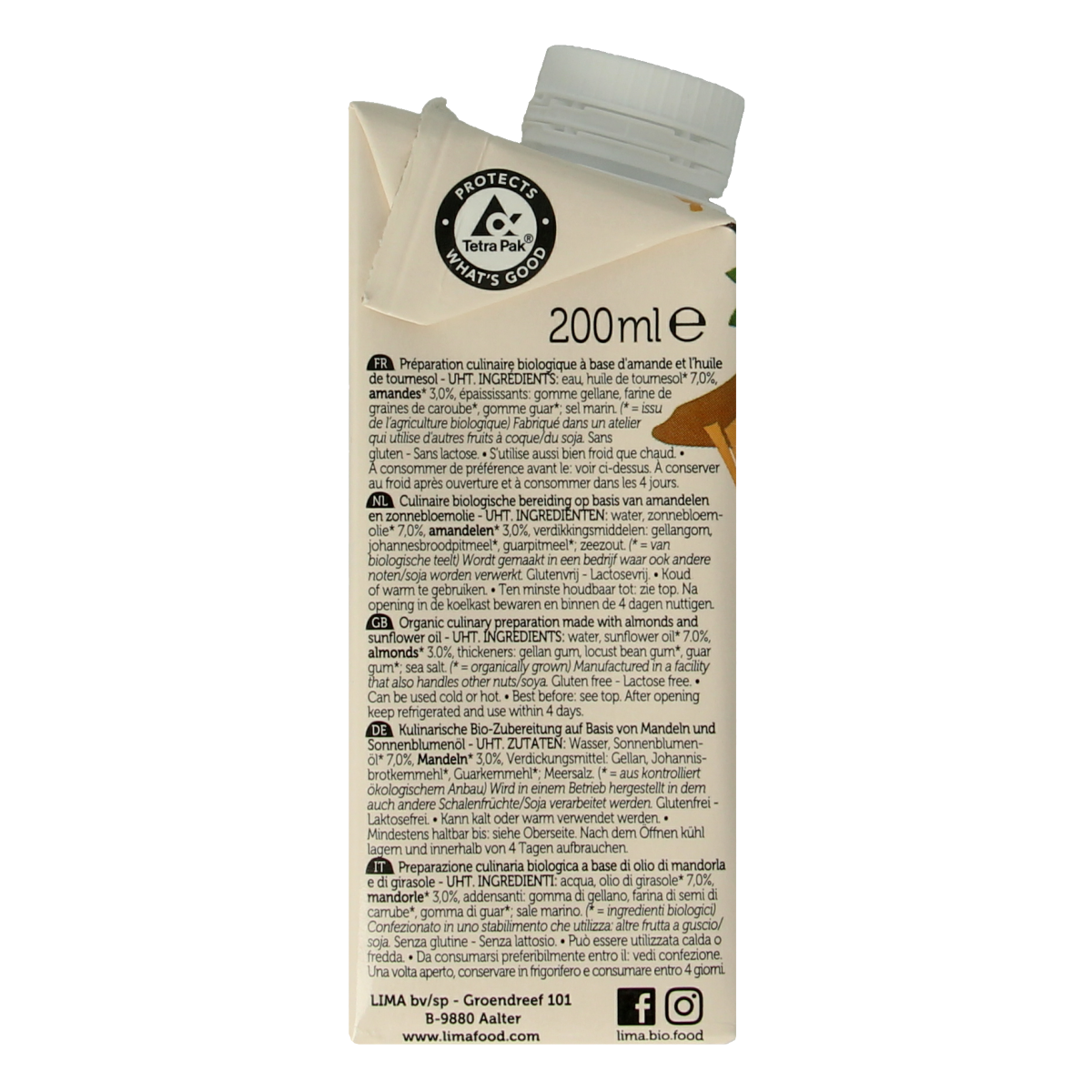 Lima Almond Cuisine Bio sauce in a 200ml bottle, natural organic flavor for cooking and flavoring dishes.