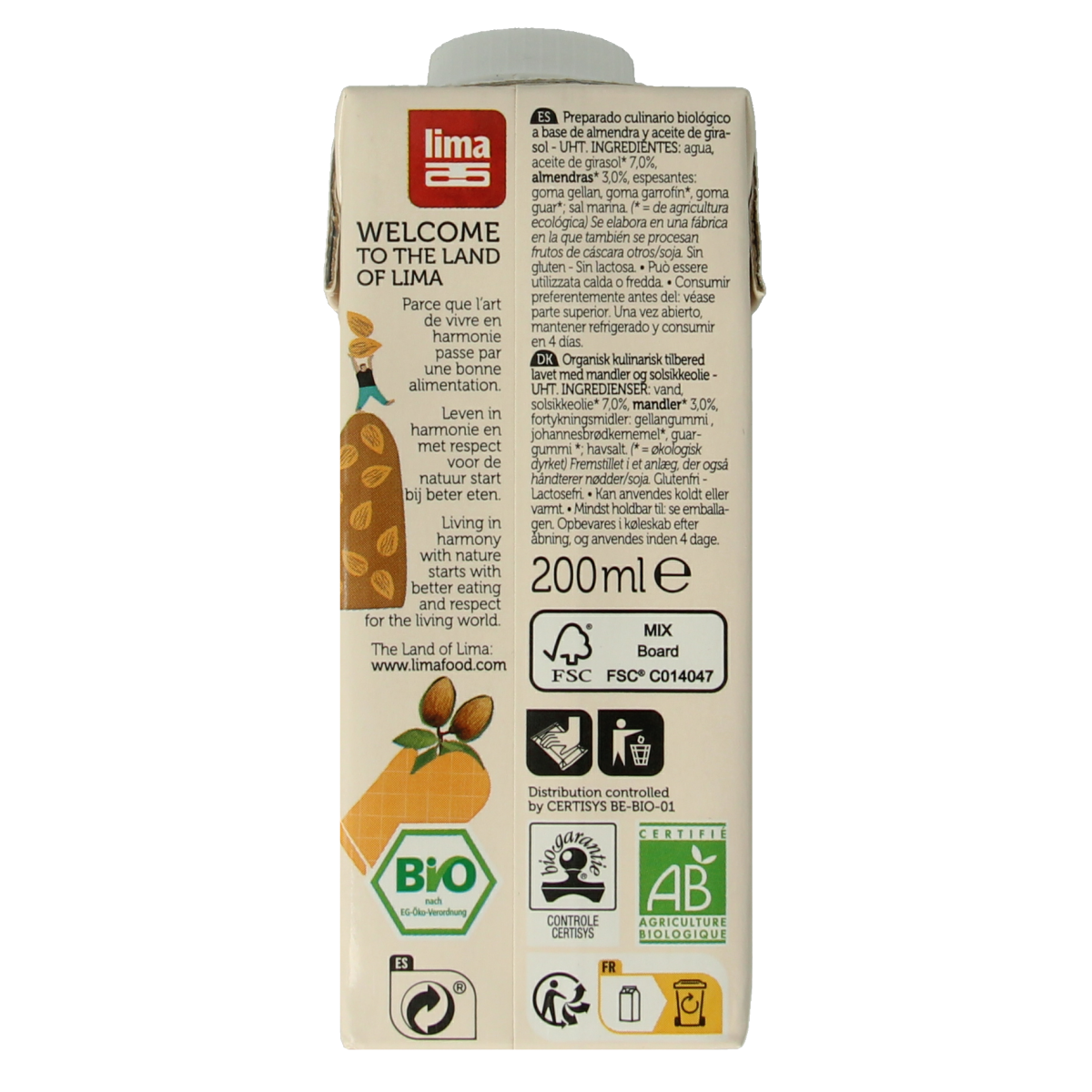 Lima Almond Cuisine Bio sauce in a 200ml bottle, natural almond flavor, ideal for cooking and flavoring dishes.