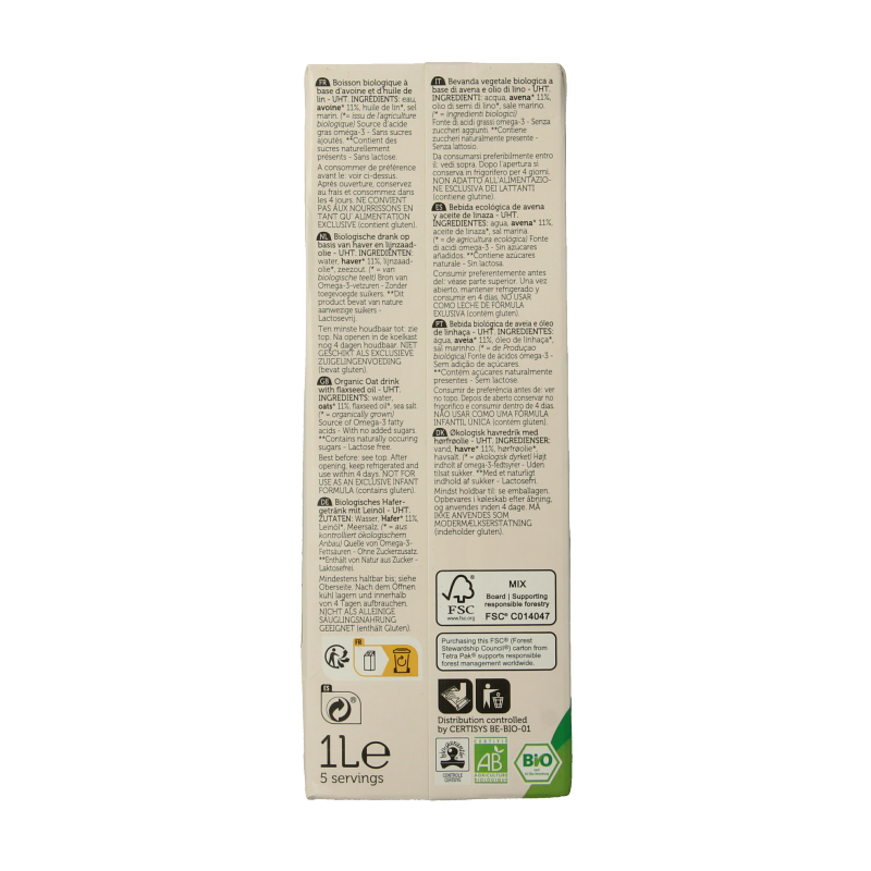 Lima Oat Omega 3 bio drink in 1-liter bottle, natural oat-based beverage with omega-3 for healthy nutrition.