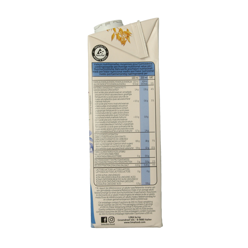 Lima Oat Omega 3 bio drink in a 1-liter bottle, showcasing the product label and packaging for healthy plant-based nutrition.
