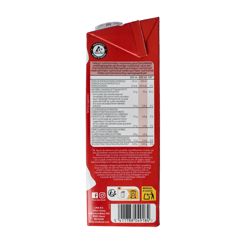 Lima Whole Entier drink bio in 1000ml bottle, organic beverage with a clear label, shown in a close-up image.