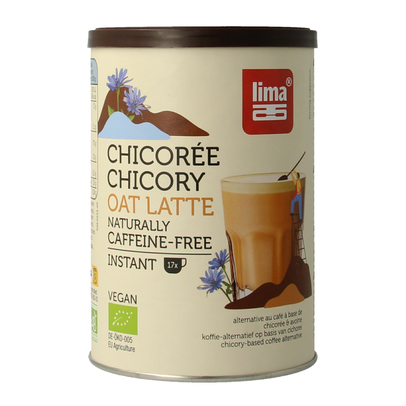 Lima Chicory oat latte bio in a 100g package, featuring a brewed oat latte drink with chicory flavor in a glass mug.