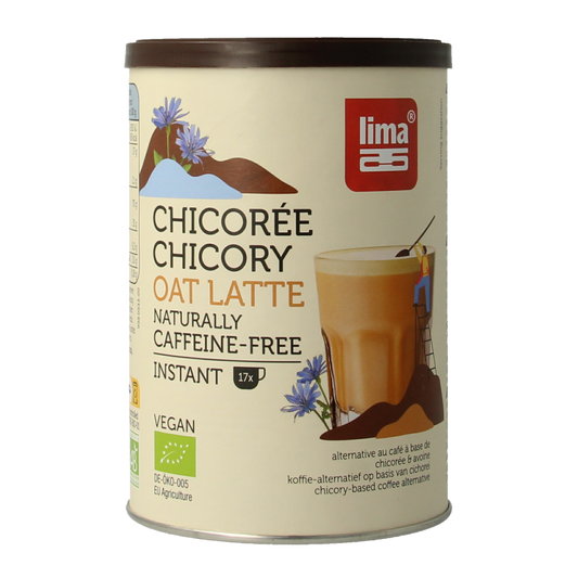 Lima Chicory oat latte bio in a 100g package, featuring a brewed oat latte drink with chicory flavor in a glass mug.