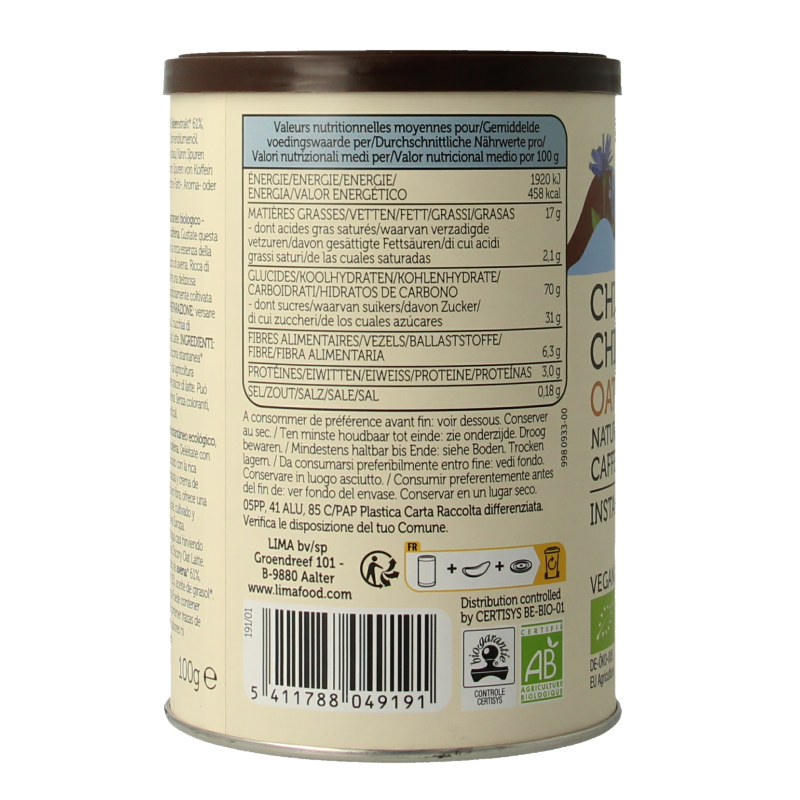 Lima Chicory oat latte bio in 100g package, showing a packaged drink product from the Lima brand.