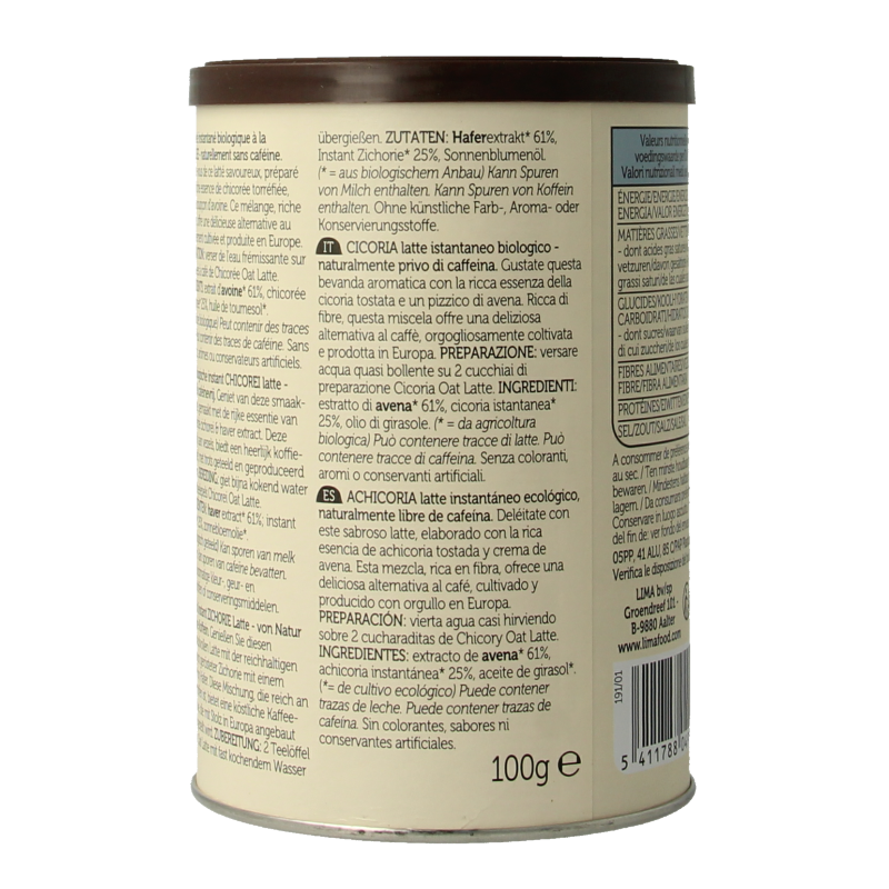 Lima Chicory Oat Latte Bio 100g box, organic plant-based drink in a resealable package, suitable for vegan beverages.