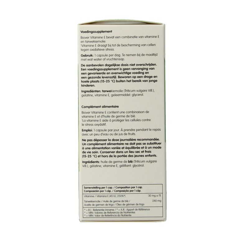 Biover Vitamin E natural 45 IU capsules, close-up of 100 softgel capsules showing the supplement's packaging.