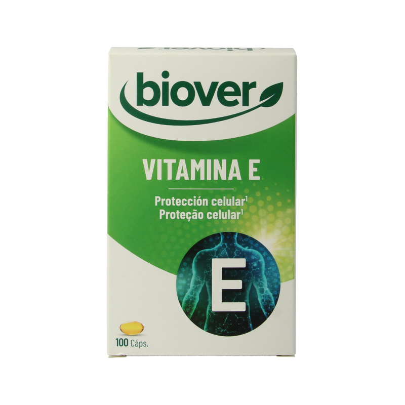 Biover natural vitamin E 45 IE capsules, showing a bottle with 100 capsules and a label highlighting vitamin E benefits.