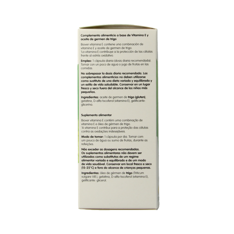 Biover Vitamin E natural 45 IU capsules, showing 100 softgel capsules in a clear view, highlighting healthy skin and antioxidant benefits.